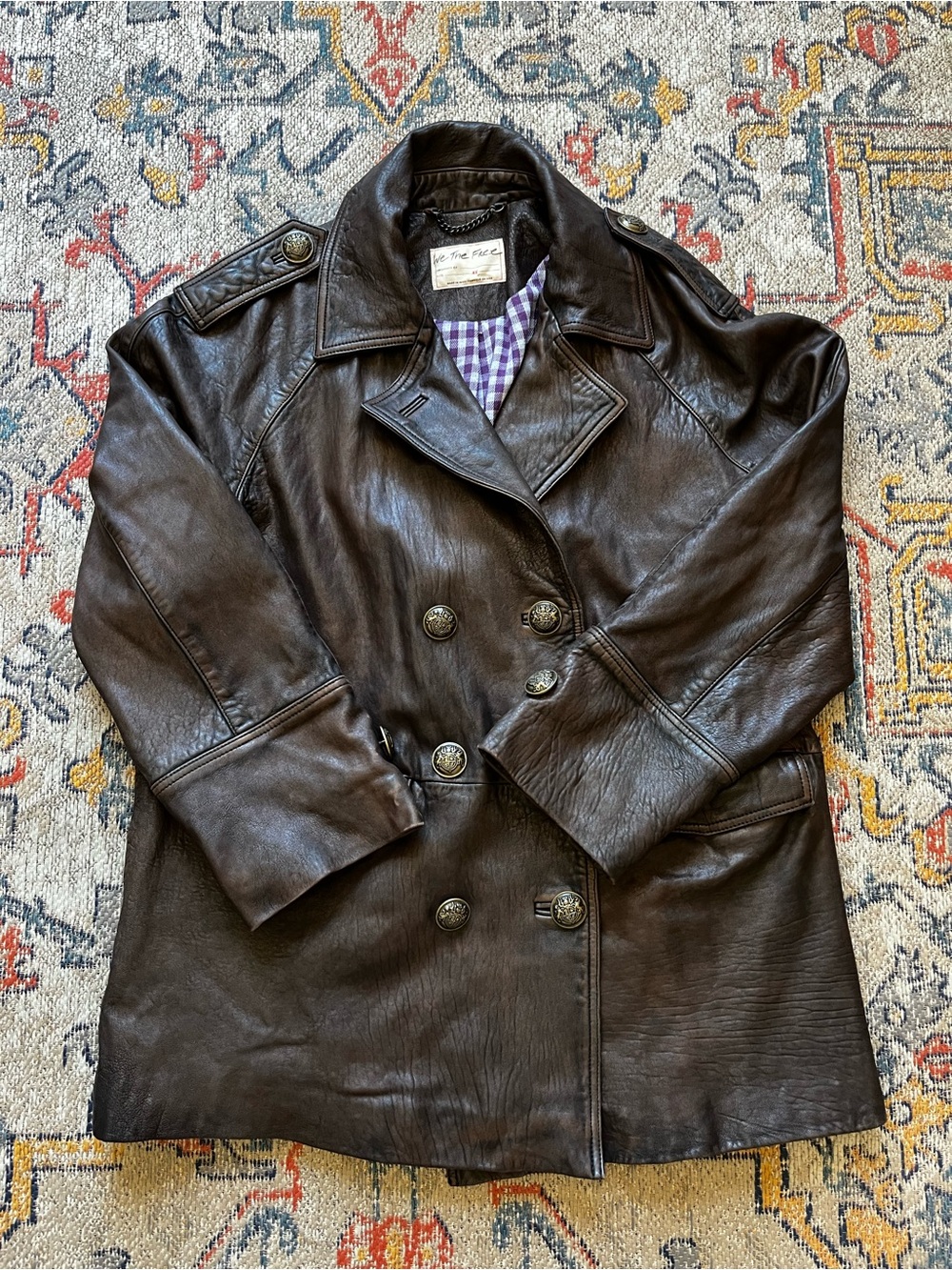 We The Free Brown Lamb Leather Jacket with Purple Checked Lining XS